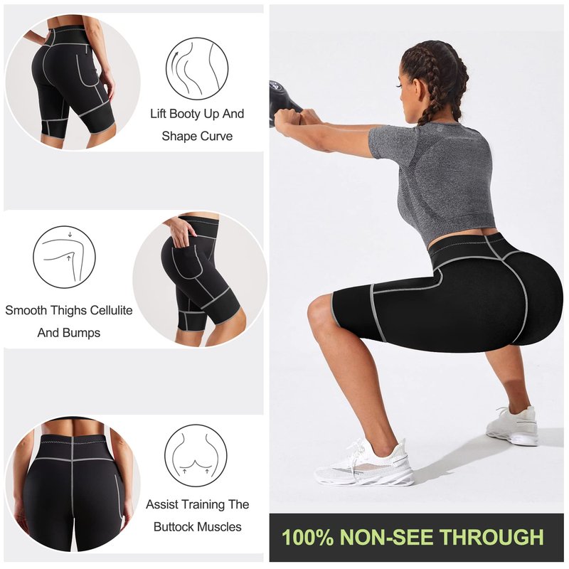 TrainingGirl Women's Hot Neoprene Sauna Sweat Shorts with Pocket Weight Loss Slimming Pants Workout Body Shaper Yoga Leggings (Black, L (See in Last Picture))