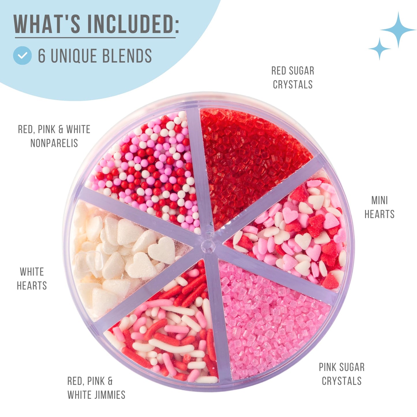 Sweets Indeed Valentines Sprinkles 6-Cell Jar | Heart Sprinkles, Red White Pink Jimmies & Sanding Sugar | Baking & Decorating | 6.45 ounces