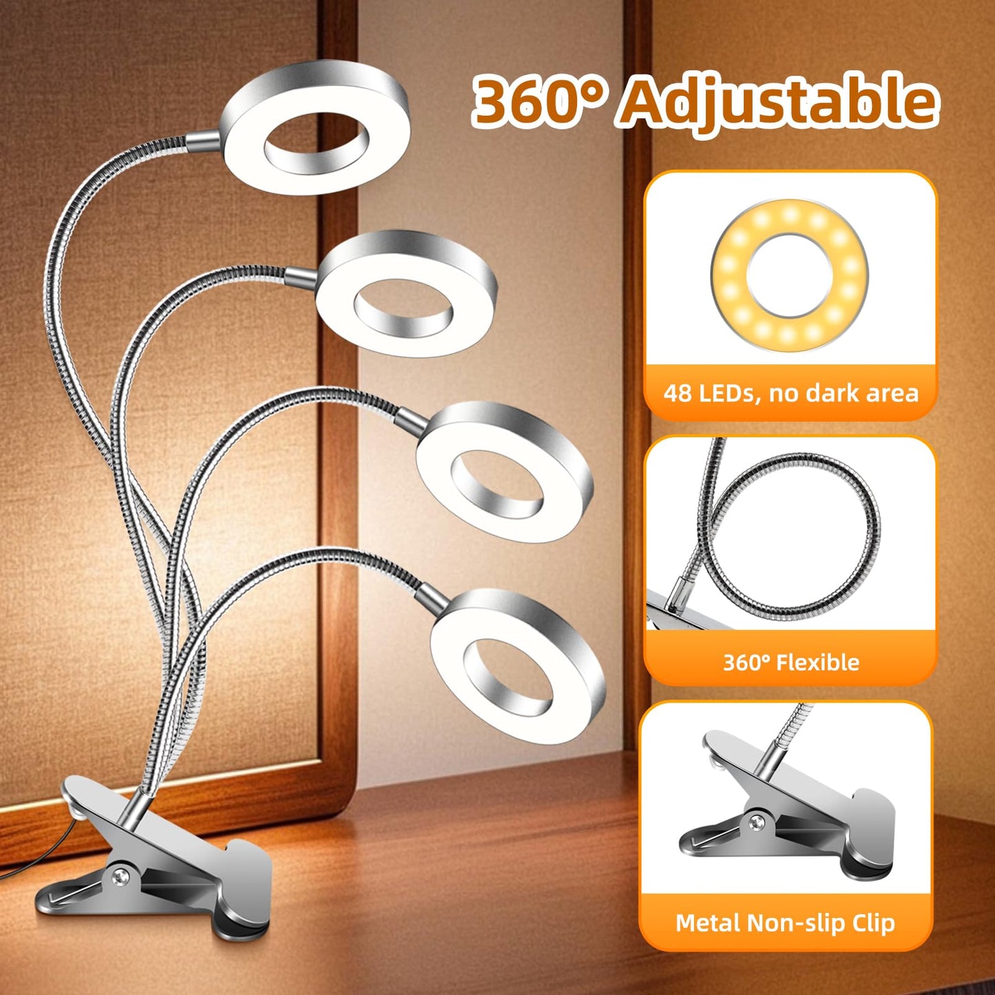 7W Clip On Ring Light with USB Cable, 3 Colour Changing & 10 Brightness, 48 LED Gooseneck Bed Light, Nail Art Ring Lamp Clip on Desk, Flexible Desk Beauty Lamp, Silver