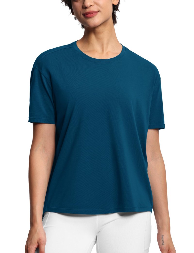 THE GYM PEOPLE Women's Short Sleeve Workout T-Shirts Back Loose Fit Running Yoga Tee Tops Dark Blue Green
