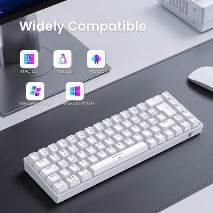 TECURS Wireless Mechanical Gaming Keyboard RGB UK Layout TKL 65% Rollover Anti-ghosting Bluetooth / 2.4G Keyboard Red Switch for PC Gamer/iPad/ PS4/Android, White