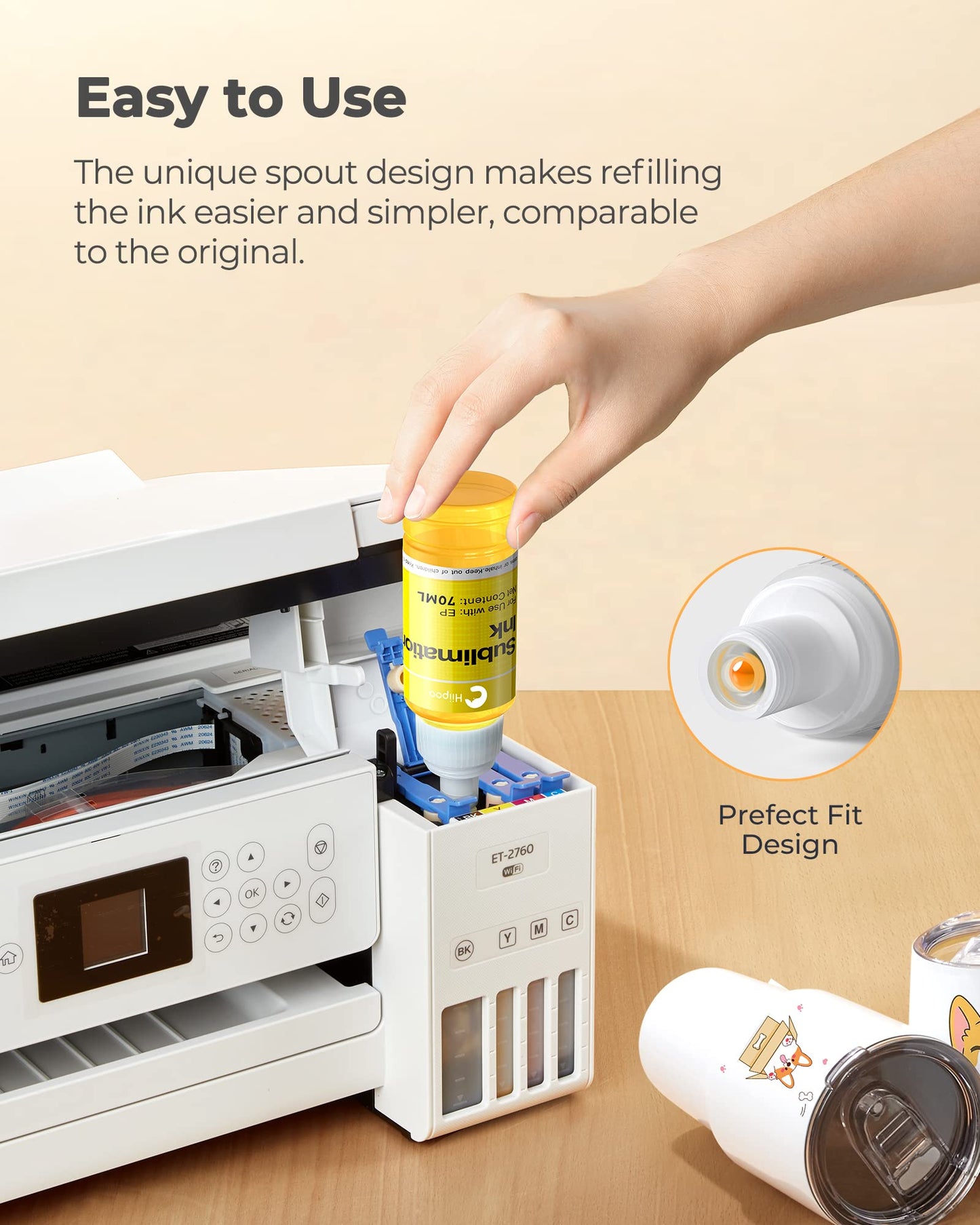 Hiipoo Sublimation Ink Refilled Bottles Compatible for ET2400 ET2720 ET2760 ET2750 ET4800 ET-2800 ET-2803 ET-2850 Inkjet Printers Heat Press Transfer on Mugs T-Shirts