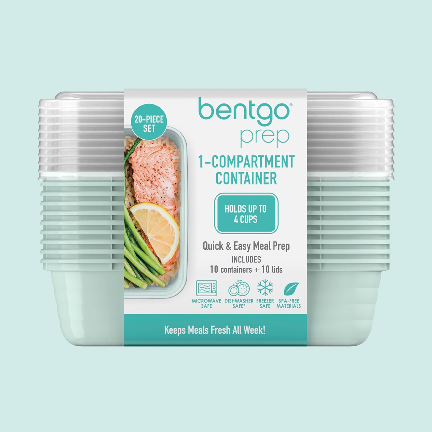 Bentgo Prep - 20-Piece 1-Compartment Reusable Meal Prep Containers with Lids, PFAS & BPA Free Materials, Durable, Microwave, Freezer, & Dishwasher Safe To Go Food Storage (Mint)