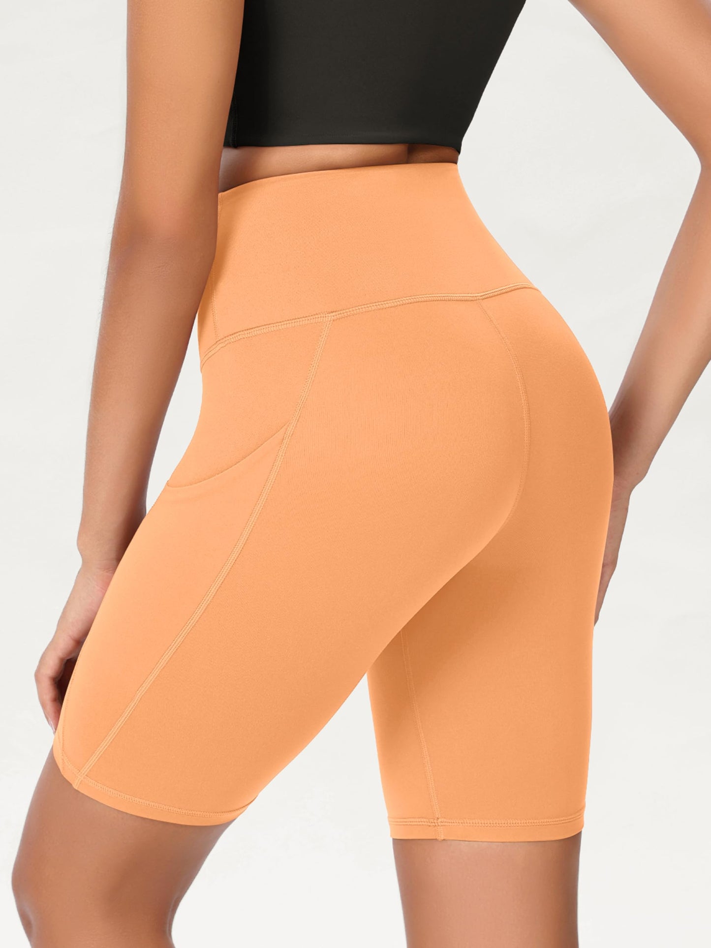 ODODOS 8" Tummy Control Biker Shorts for Women with Pockets High Waist Running Workout Athletic Yoga Shorts, Neon Orange, Large