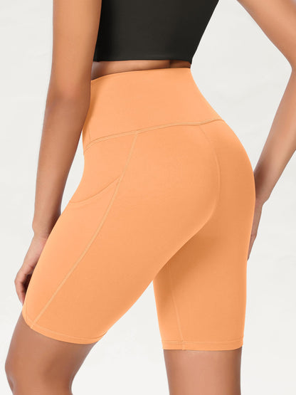 ODODOS 8" Tummy Control Biker Shorts for Women with Pockets High Waist Running Workout Athletic Yoga Shorts, Neon Orange, Large
