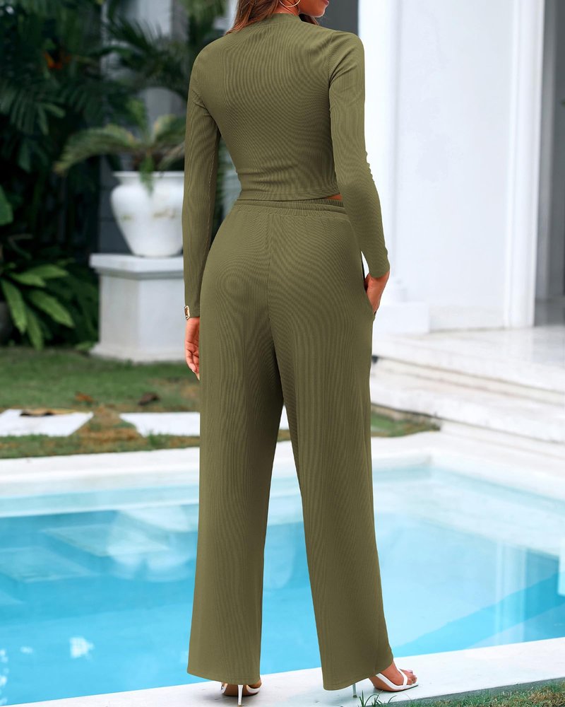 BTFBM Casual 2 Piece Sets For Women Fall Outfits 2026 Ribbed Spring Long Sleeve Crop Top Wide Leg Pants Matching Lounge Set