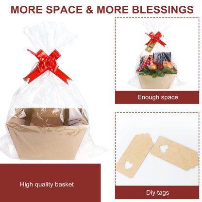 KEVTVEK Bigger Baskets for Gifts Empty, 6 Pack Sturdy Kraft Basket With Handles Gift Basket Kit, 6 Shrink Wrap Bags, 6 Bows and Hang Tag, Empty Gift Baskets to Fill for Birthday Christmas Baby Shower