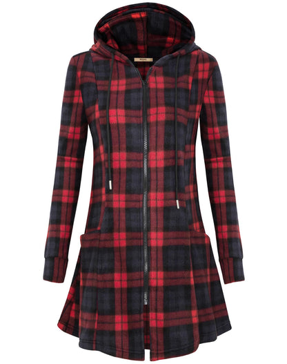 Miusey Holiday Sweaters for Women Long Zip Up Jacket Trendy Fleece Tunic Sweatshirts Christmas Full Zip Long Hoodies Red Plaid Large