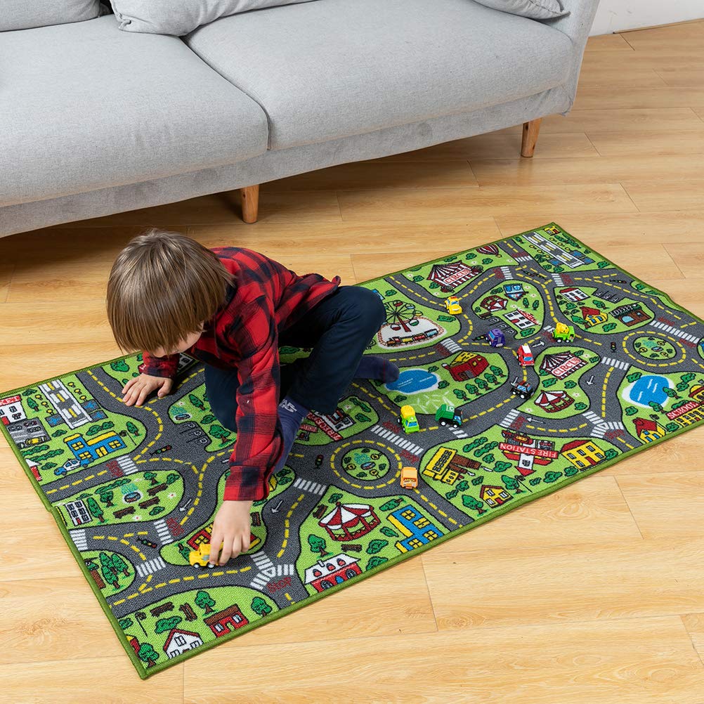 JOYIN Kids Toy Rug Gift Set-City Playmat with Road Tracks & 12 Vehicles,Educational Carpet for Boys Girls,City Pretend Play,Durable Playroom Toy Mat for Kids,148x80cm