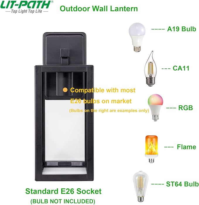 LIT-PaTH Outdoor Wall Lantern, Wall Sconce as Porch Lighting Fixture, E26 Medium Base Max 60W, Anti-Rust Metal with Glass Shade, Black, 2-Pack