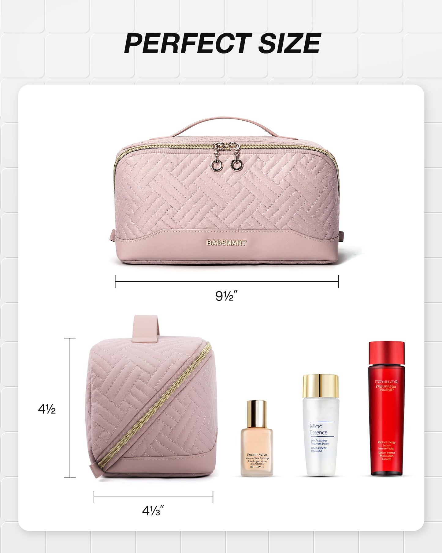 BAGSMART Makeup Bag, Travel Cosmetic Bags Water-resistent Makeup Case for Women Portable Pouch Open Flat Make Up Organizer for Toiletries, Brushes, Pink