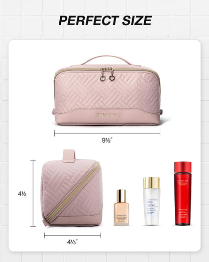 BAGSMART Makeup Bag, Travel Cosmetic Bags Water-resistent Makeup Case for Women Portable Pouch Open Flat Make Up Organizer for Toiletries, Brushes, Pink