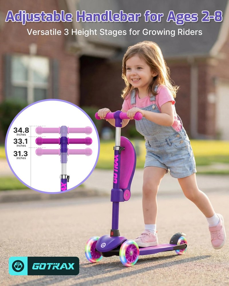 Gotrax KS3 Kids Kick Scooter, LED Lighted Wheels, Adjustable Height Handlebars and Removable Seat, Lean-to-Steer & Widen Anti-Slip Deck, 3 Wheel Scooter for kids Ages 2-8 and up to 100 Lbs (Purple)