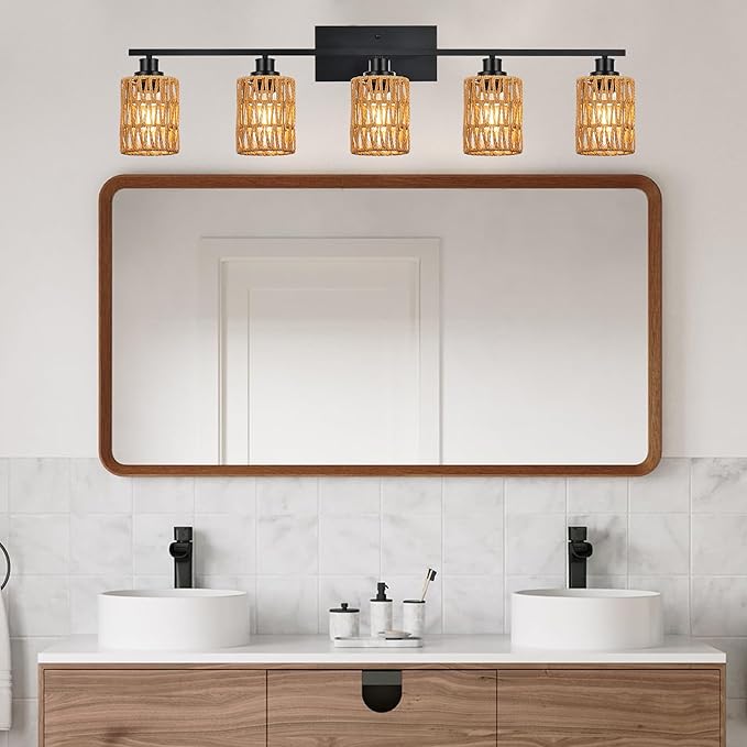 MELUCEE Farmhouse Bathroom Light Fixtures Rattan Wall Sconce 5 Light Bathroom Vanity Light with Rattan Lamp Shade, Black Finish, Suitable for Kitchen Hallway Living Room, 40.6 Inches Length