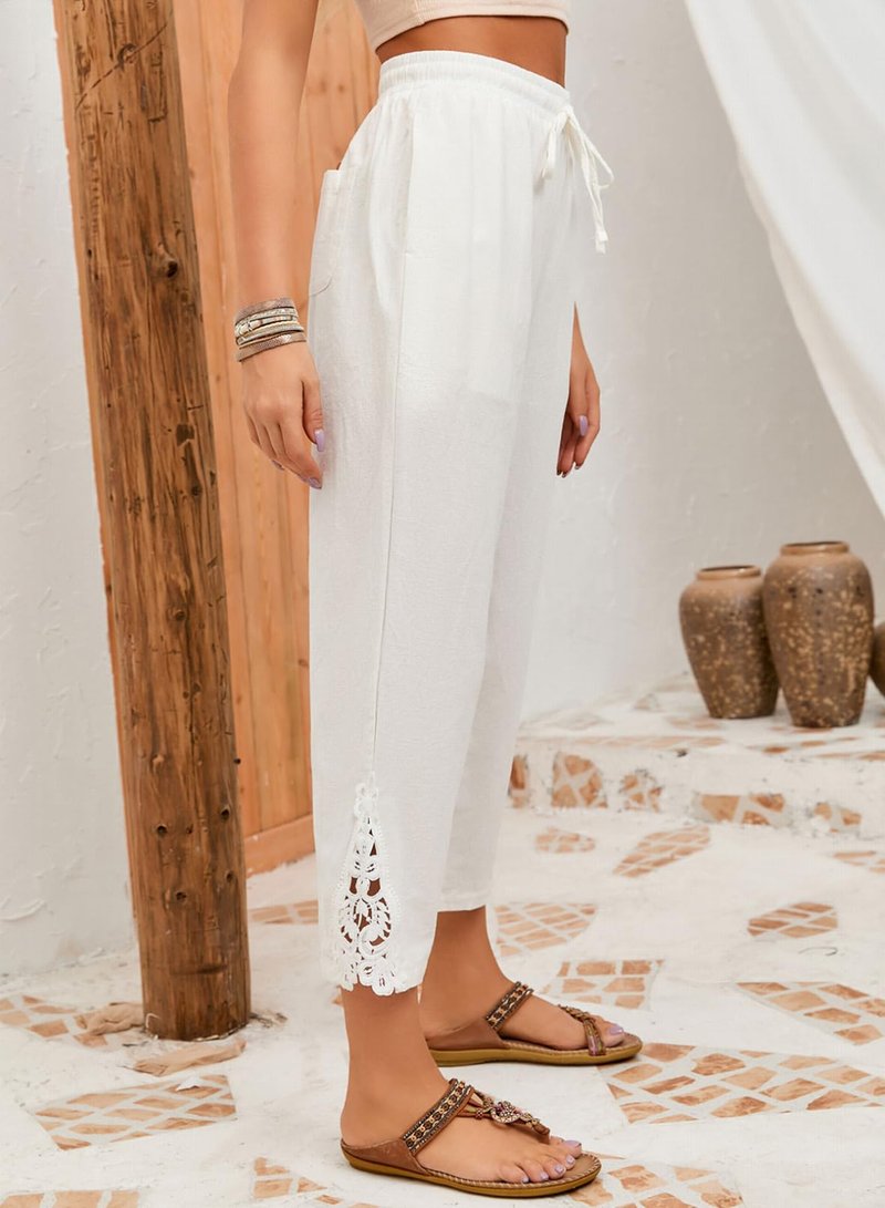 Acelitt Women Casual Linen Pants Lightweight Drawstring Elastic Waist Fall Fashion 2026 Beach Capri Pants Trousers White Large