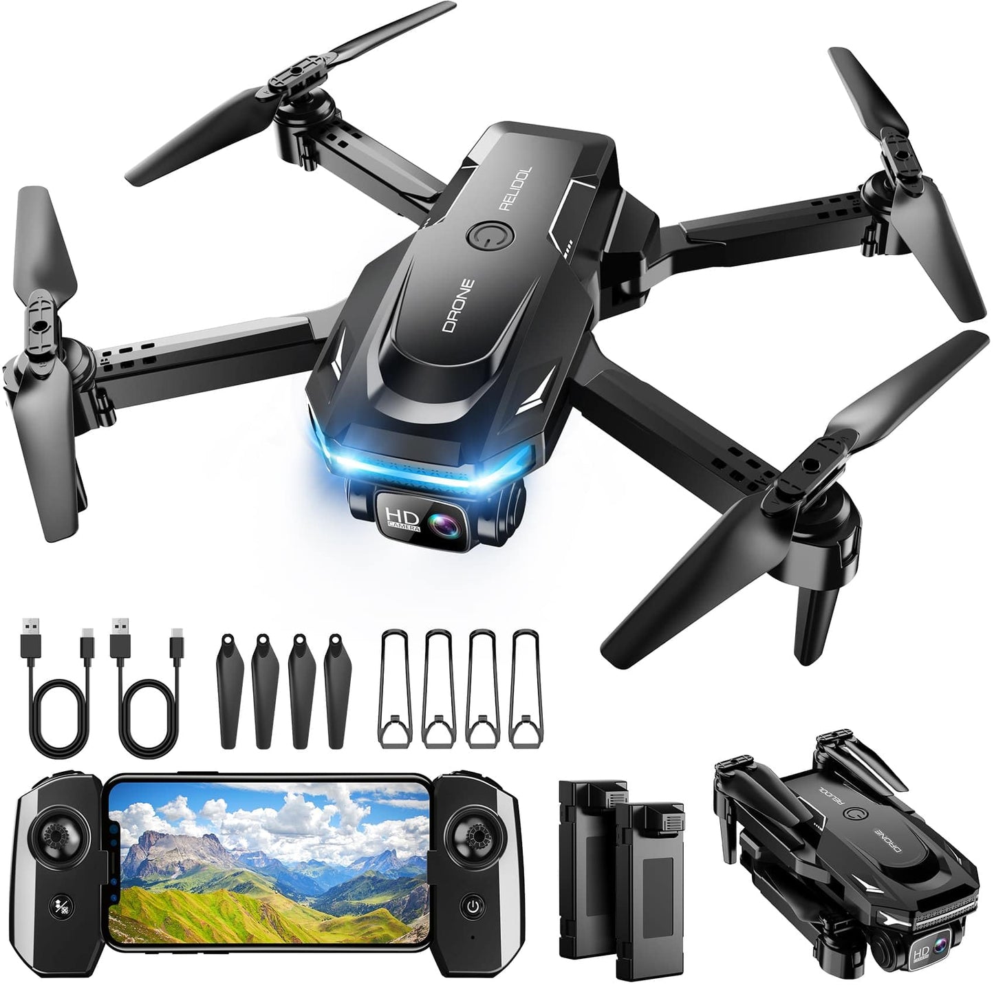 Drone with 1080P Camera - Foldable Remote Control Quadcopter with Voice Gesture Control, 3D Flip, One Key Start, Emergency Stop, 2 Batteries, Easier to use, Toy for Adults Beginners, Black