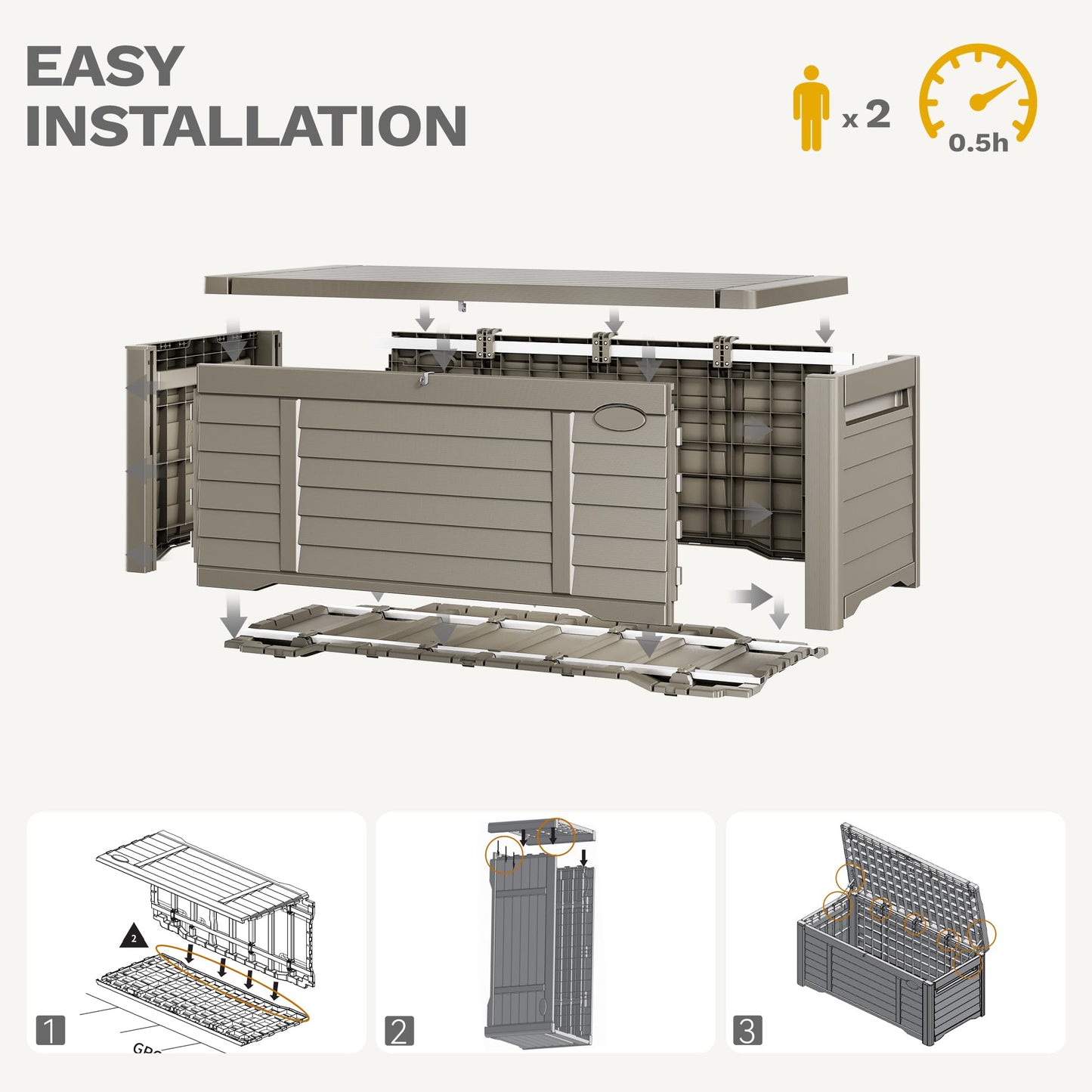 DWVO 120 Gallon Outdoor Storage Box, Large Resin Deck Box with Louver Design, Lockable Patio Storage Bin for Indoor and Outdoor Use, Pillows, Tools, and Pool Supplies -Light Brown