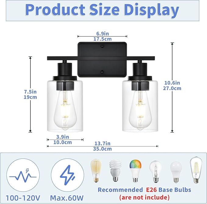 2-Light Bathroom Light Fixtures,Modern Black Bathroom Vanity Light,Bathroom Lighting Fixtures Over Mirror,Black Wall Lamp for Bedroom,Wall Lights for Living Room,Hallway