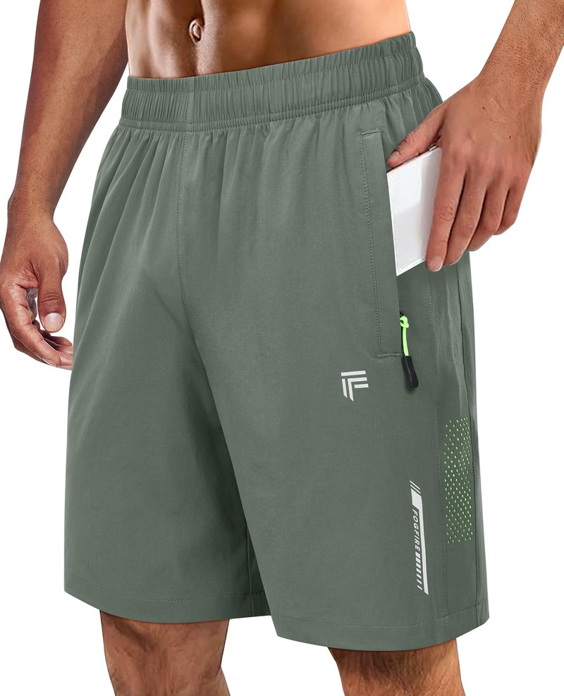 FOGFIRE Men's Athletic Running Shorts with Zipper Pockets Quick Dry Drawstring 7" Gym Shorts for Basketball Workout Jogging-Grey Sage