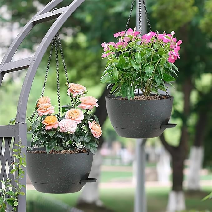 12 Inch Hanging Baskets 2 PC with Chains, Self-Watering Hanging Planters for Indoor Outdoor Plants, Plastic Hanging Flower Pots, Black with Green Speckles
