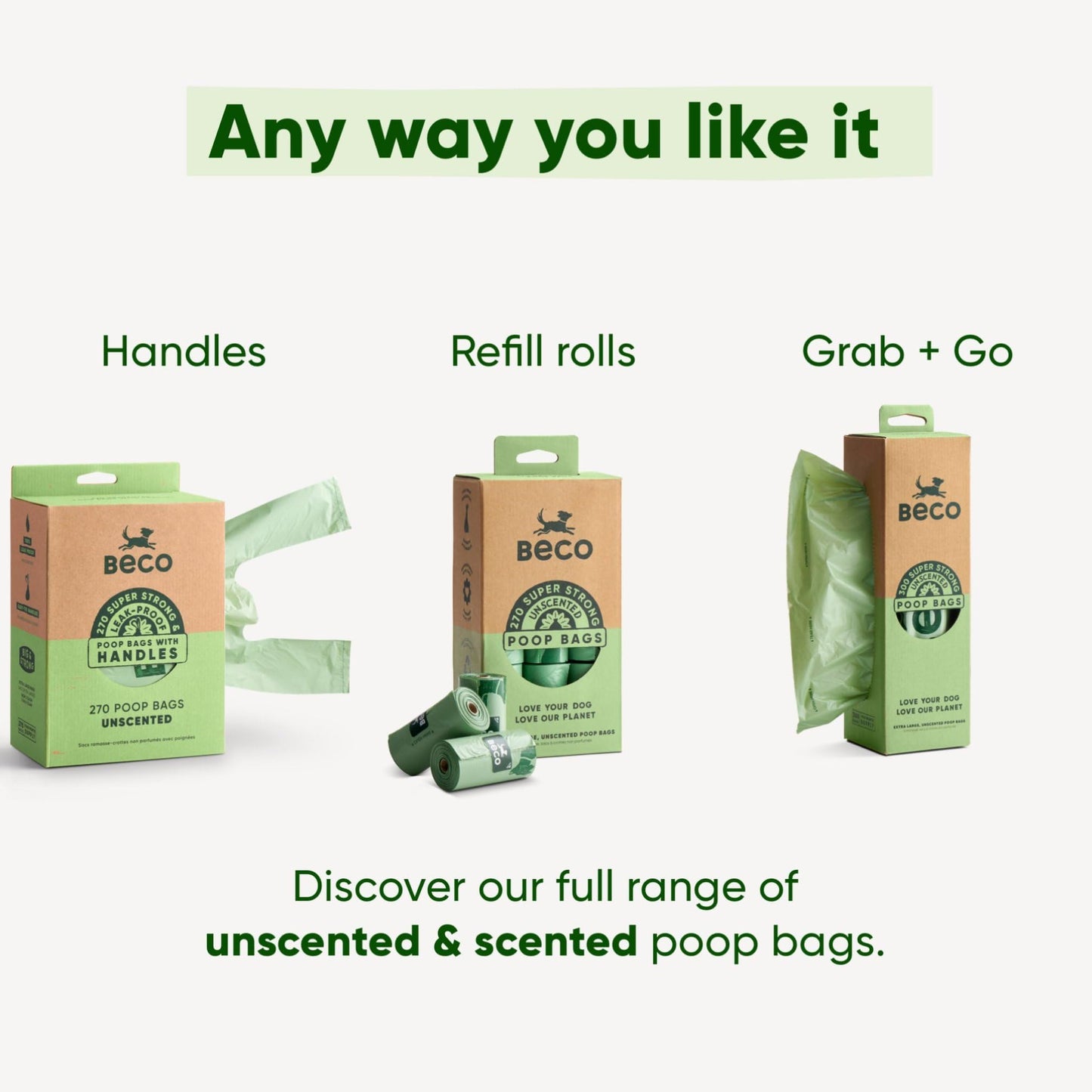 Beco Dog Poop Bags Rolls - Strong & Large - 270 Bags (18 Rolls of 15) Unscented, Dispenser Compatible for Dog Waste