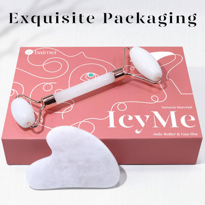 BAIMEI IcyMe Gua Sha & Jade Roller Facial Tools Face Roller and Gua Sha Set for Puffiness and Redness Reducing Skin Care Routine, Self Care Gift for Men Women - Green