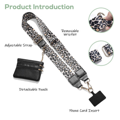 Clip and Go Phone Strap with Wallet Crossbody, Phone Chain Cross Body with Detachable Zippered Pouch, Phone Lanyard with Purse, Adjustable Mobile Strap(Leopard)