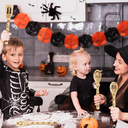 Eartim Halloween Wooden Cooking Utensil Set - 7Pcs Hocus Pocus Kitchen Cooking Gadget Natural Carve Bamboo Spoon Slotted Spatula Non-Stick Cookware Utensil Birthday Housewarming Gift Halloween Supply