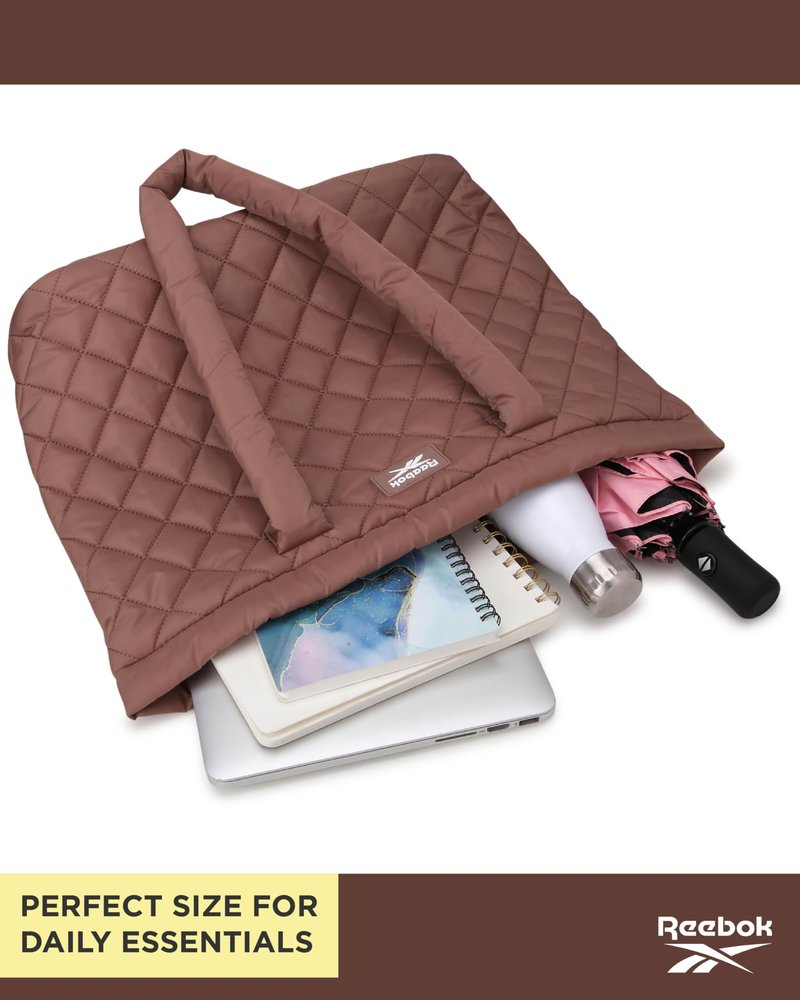 Reebok Womens Tote Bag - Lightweight Carry On Puffer Quilted Tote Bag for Travel Work Travel and Daily Essentials, Size One Size, Barbara Choco Malt