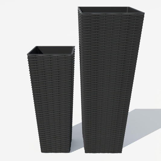 Set of 2 Tall Planters for Outdoor Plants, 24 in &32 in Decorative Planter Pots with 4 Drainage Holes, Large Tall Planter for Indoor or Outdoor Front Porch for Patio, Backyard, Home Garden, Black
