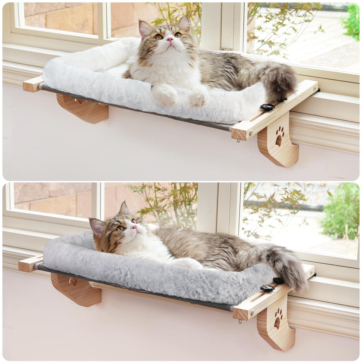 AMOSIJOY Cat Sill Window Perch Sturdy Hammock Window Seat with Cushion Bed Cover, Wood & Metal Frame for Large Cats, Easy to Adjust Cat Bed for Windowsill, Bedside, Drawer and Cabinet (M)