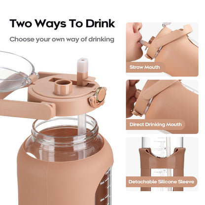 chunmo 74 oz Glass Water Bolttles with Straw Large Motivational Water Bottle with Time Marker Sports Water Bottles with Silicone Sleeve and Handle Lid 2.2L Water Jug for Gym Workout