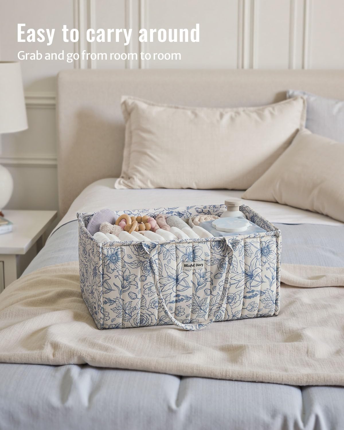 Blissful Diary Floral Diaper Caddy Organizer, Stylish Nursery Storage Basket, Gift for Baby Shower, Baby Registry Must Have, Newborn Essentials, Blue Floral