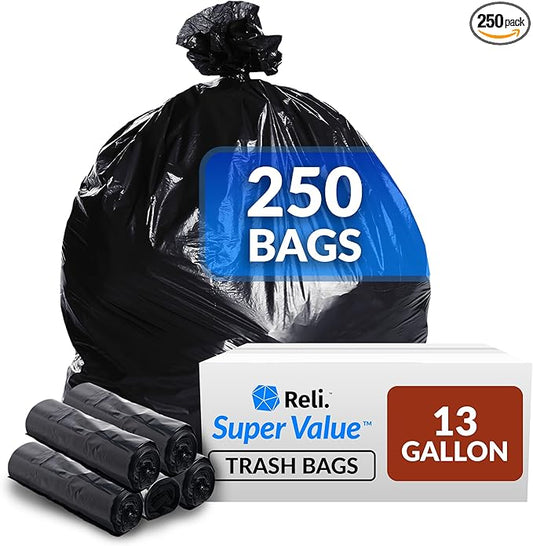 Reli. 13 Gallon Trash Bags | 250 Bags | Black | Tall Kitchen | Strong | Garbage