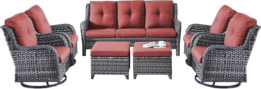 Rilyson Patio Furniture Swivel Chairs Set - 7 Piece Wicker Rattan Outdoor Sectional Conversation Sets with 4 Swivel Rocking Chairs,2 Ottomans and 1 Sofa for Porch Deck Garden(Mixed Grey/Red)