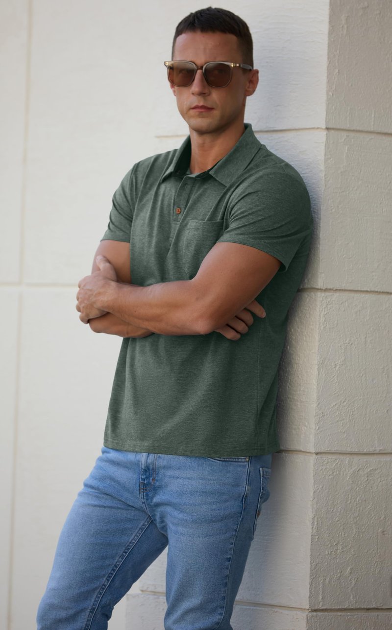 Sailwind Men's Cotton Polo Shirts Short Sleeve Casual Summer Shirts Classic Collared Golf Shirt with Pocket Green