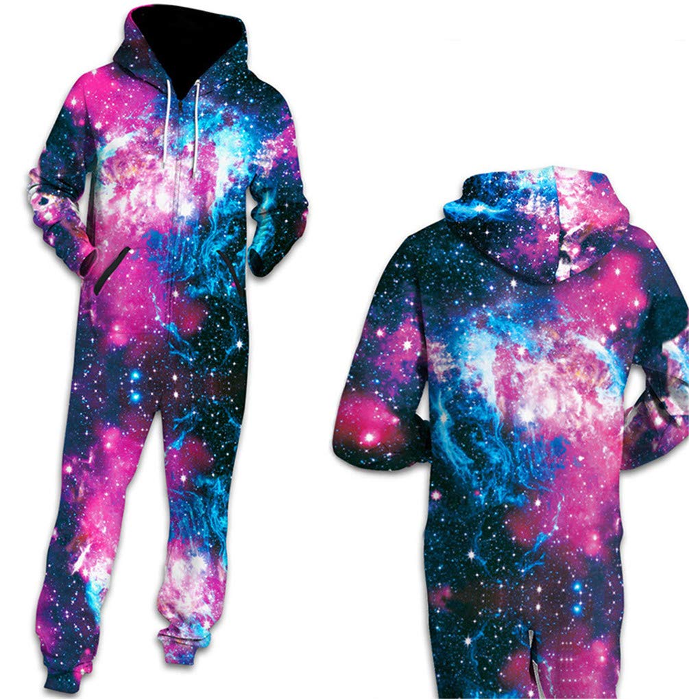 Nawoshow Womens Zip-up 3D Pattern Long Sleeve Playsuit Jumpsuit Onesie (Galaxy, L/XL)