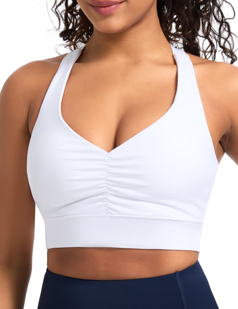 THE GYM PEOPLE Women's Cross Back Ruched Sports Bra V Neck Wide Straps Removable Pads Workout Yoga Crop Top White