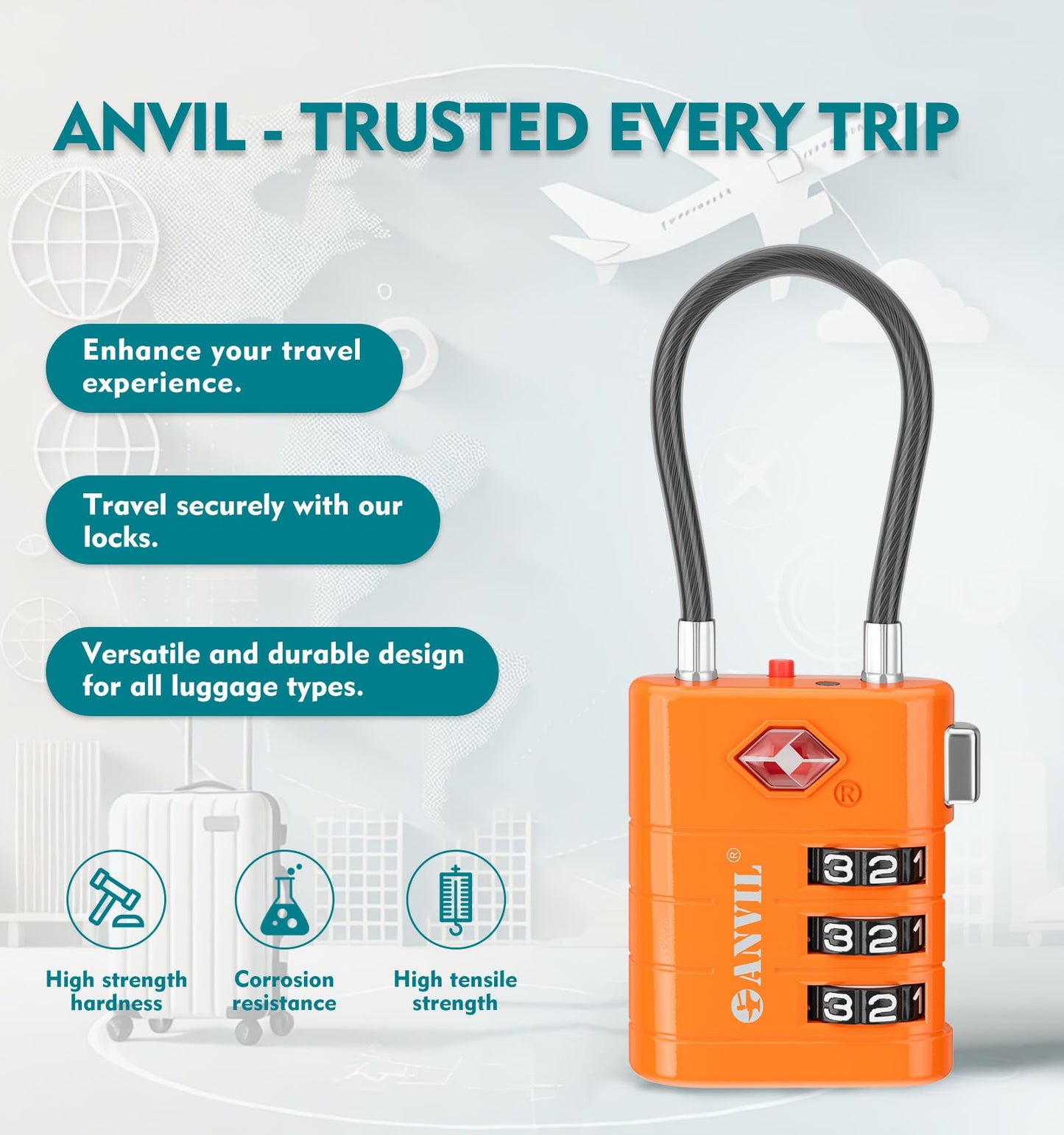 ANVIL Luggage Locks - TSA Approved, Advanced Core, Alert Indicator. Great Suitcase & Backpack Lock for Travel & Daily Use (2, Orange)