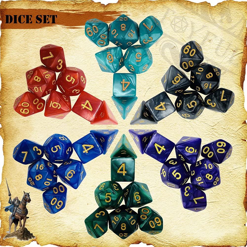 DND Dice Set 42 Pcs Polyhedral Dungeons and Dragons Rolling Dice for D&D RPG MTG Table Games Dice Bulk with Colorful Drawstring Bags and Dice Tray (Single)