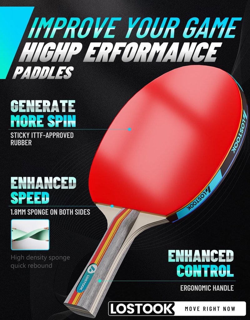 Lostook Ping Pong Paddles Set of 2, Professional Grey Table Tennis Rackets with Portable Oxford Cloth Case & Three Star Ping Pong Balls for Adults and Family Indoor Outdoor Games