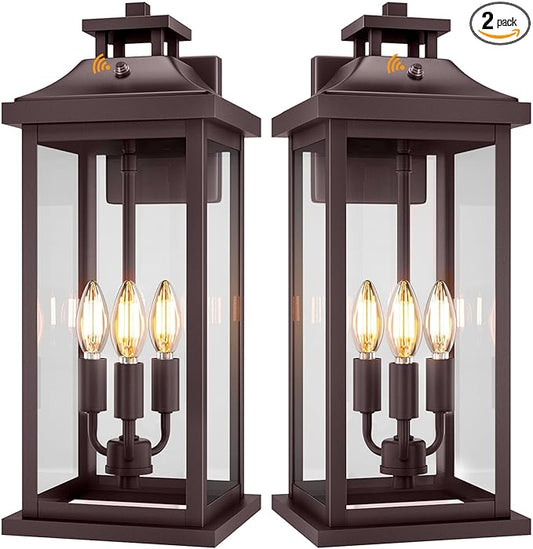Oil Rubbed Bronze Dusk to Dawn Outside Lights 3-Light, 20" 2 Pack Porch Wall Mount Light Fixtures Large Brown Photocell Sensor Outdoor Wall Lanterns, Vintage Exterior Sconce Lamps E12