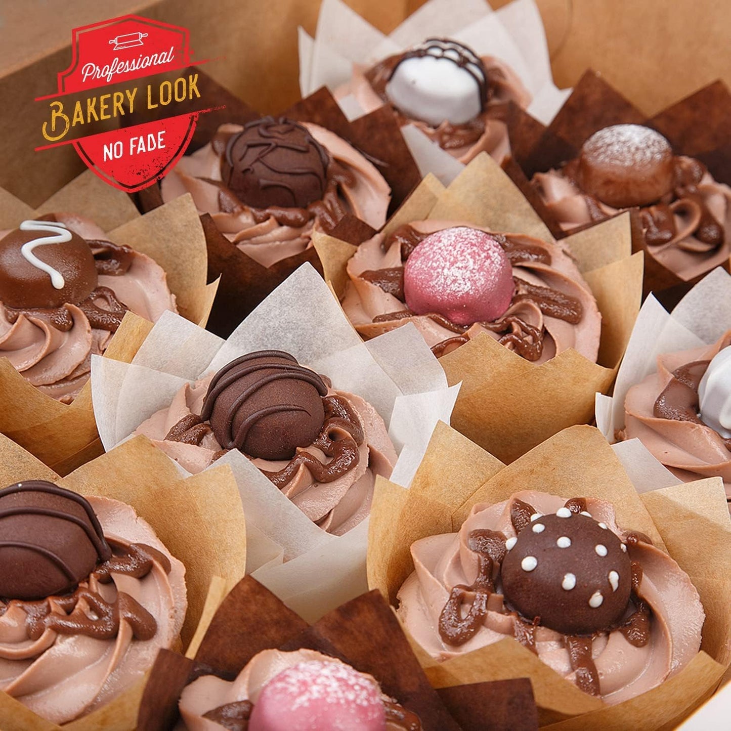 Tulip Cupcake Liners, Muffin Liners for Baking by Baker’s Signature 200pcs of Parchment Paper Cups Cupcake Wrappers – Perfect Size, Sturdy, Greaseproof & Easy to Use – Beige White Brown