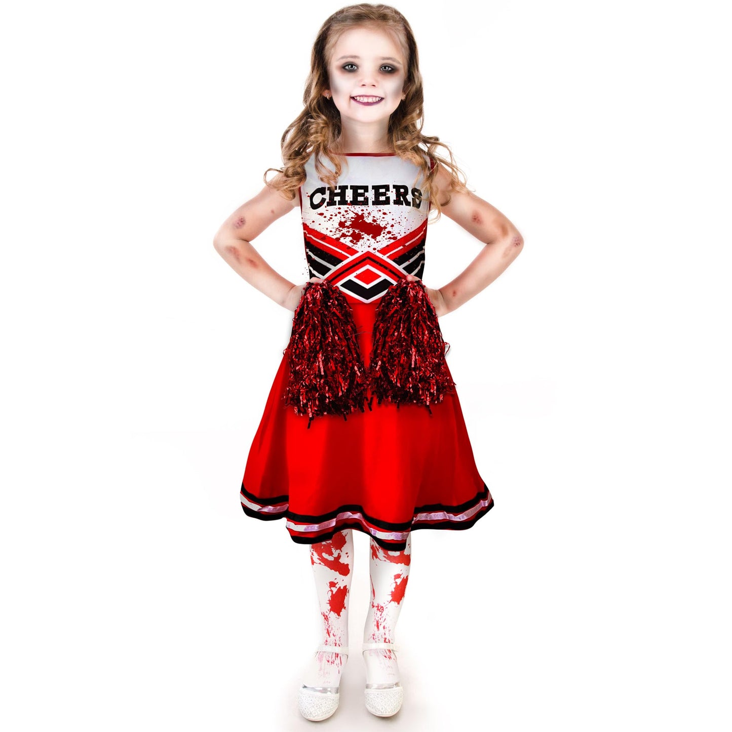 Zombie Cheerleader Halloween Costume for Kids Ages 7-9, Zombie Fancy Dress Outfit for Girls with Pom Poms, Tights, Red High School Cheerleader Costume and Fake Blood, Easy Halloween Kids Dress Up Pack