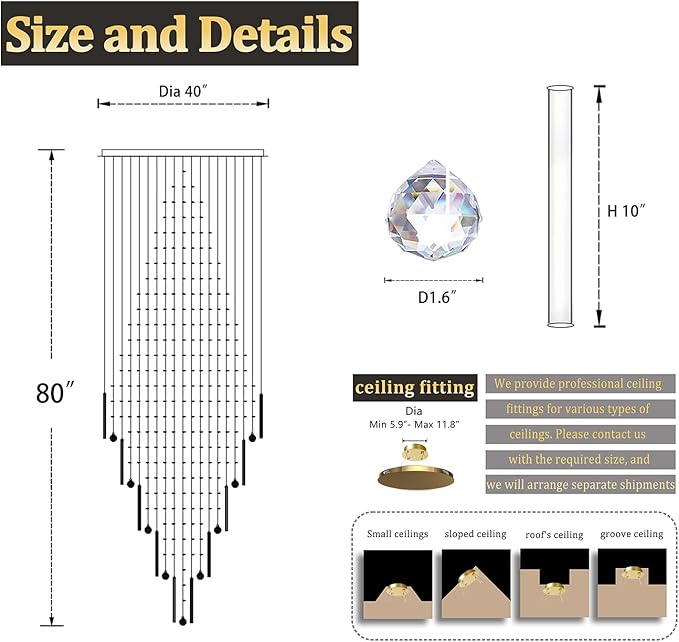 D40''X H80'' Extra Large Chandeliers for High Ceilings Crystal Raindrop Gold Chandeliers Large Villa Chandelier Entrance Foyer Square Ceiling Light LED Dimmable 2700K-6000K 16 led bulbs include