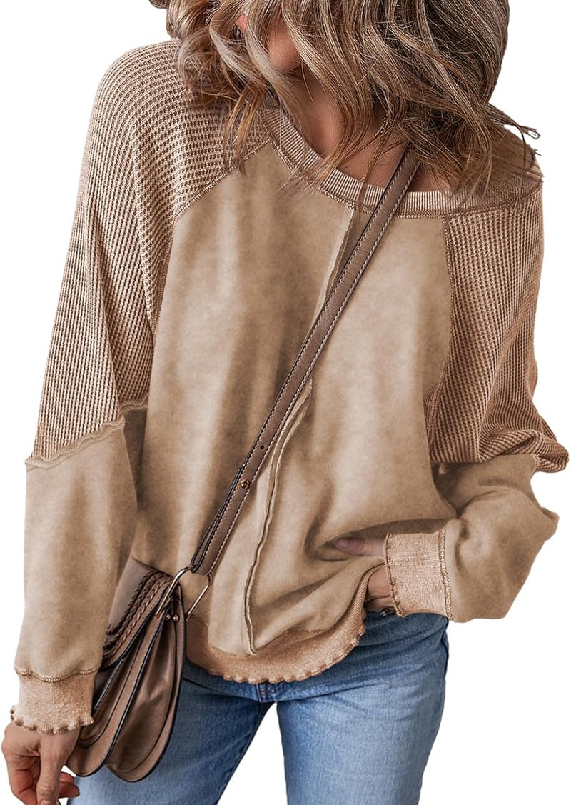 Women's Oversized Crewneck Sweatshirt - Casual Off-The-Shoulder Waffle Knit Pullover