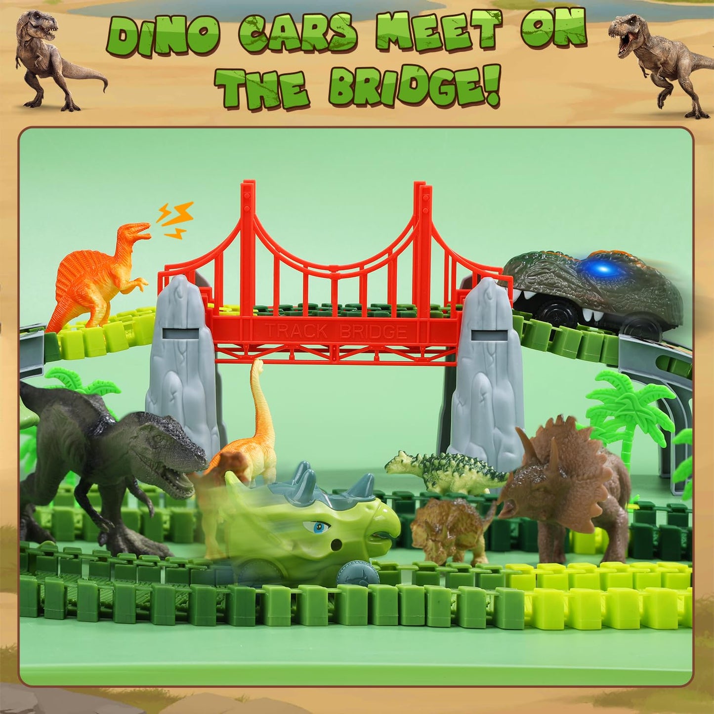 EagleStone Dinosaur Track Set for Kids – 225 PCS Flexible Race Tracks,1 Electric Dino Cars with Light, 8 Dino Figures, Dinosaur Head Tunnel,Christmas Birthday Gift for 3-8 Year Old Boys and Girls