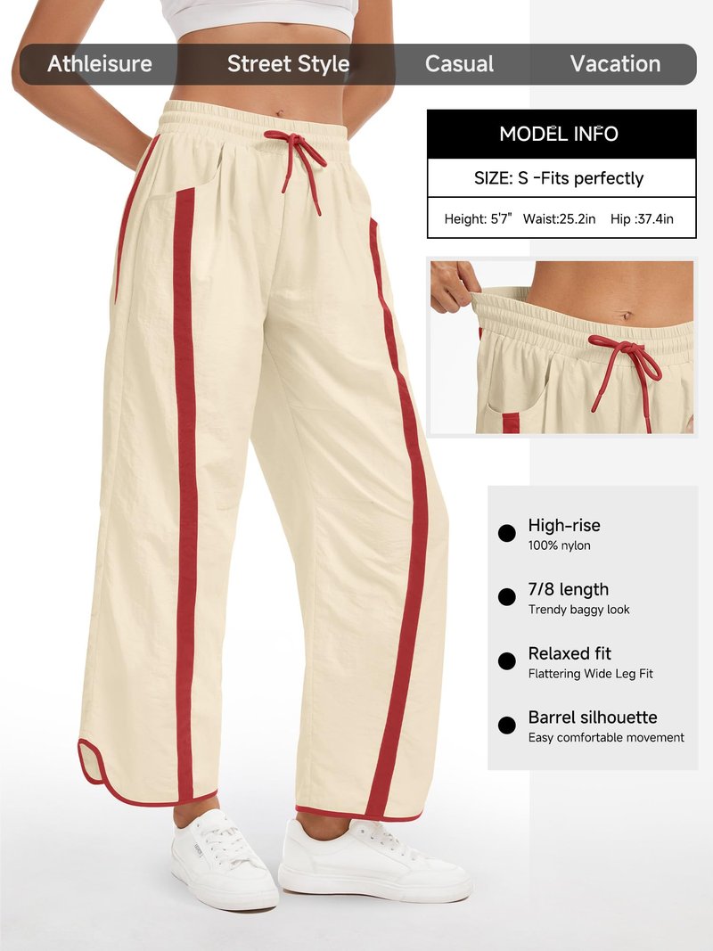 TWQTWQ Women's Wide Leg Track Pants Baggy Drawstring High Rise Side Striped Casual Lightweight Parachute Pants with Pockets(Red,Medium)