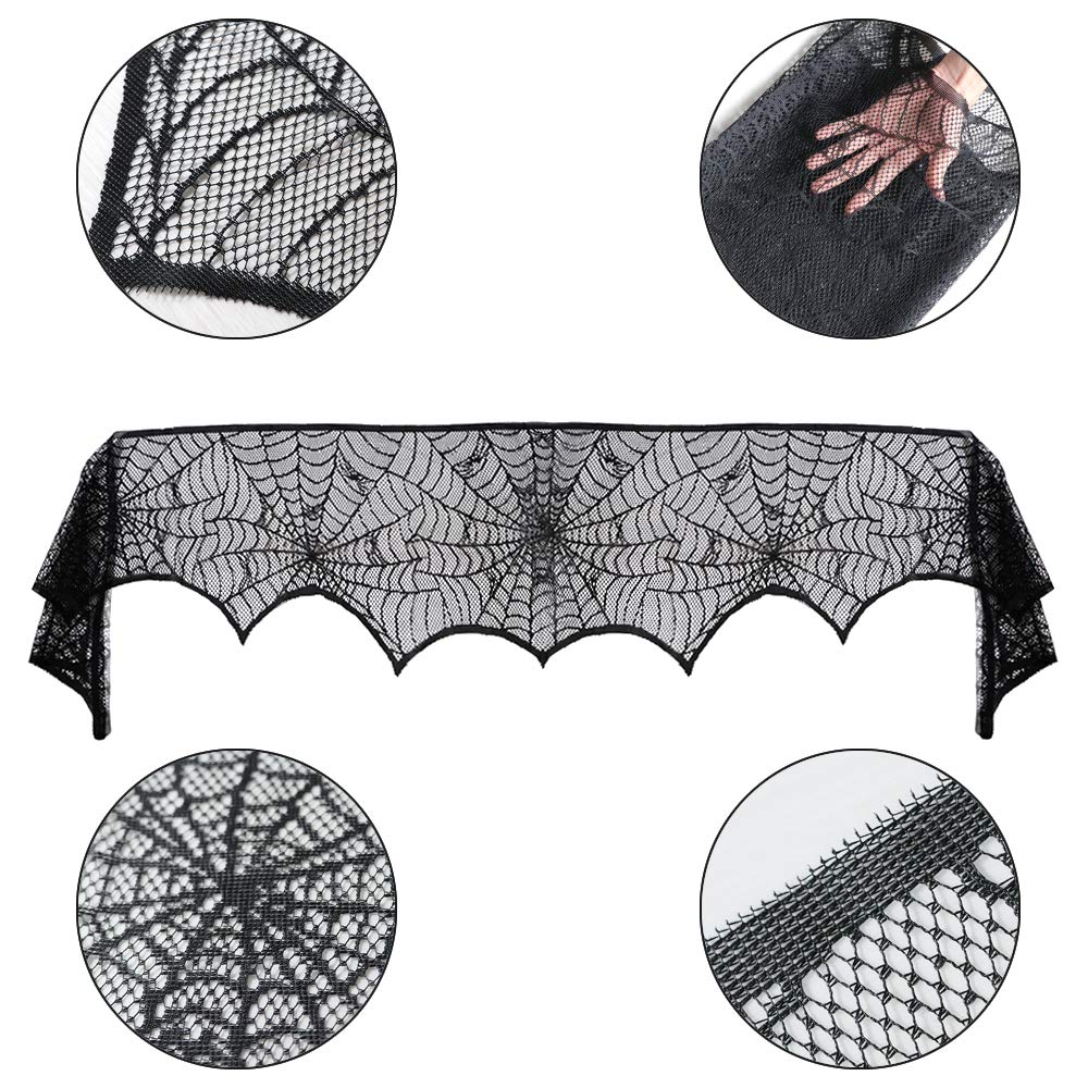 GKkakuto Halloween Cobweb Fireplace Scarf, Black Lace Spiderweb Mantle Scarf for Halloween Home Party Supplies, 18 x 96 inch