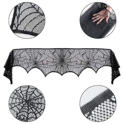 GKkakuto Halloween Cobweb Fireplace Scarf, Black Lace Spiderweb Mantle Scarf for Halloween Home Party Supplies, 18 x 96 inch